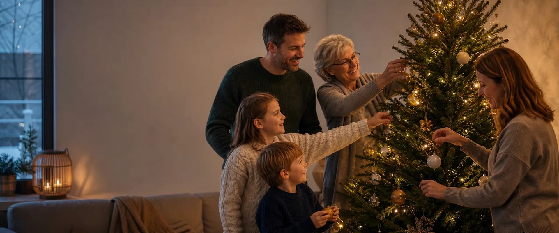 Eine Familie schmückt gemeinsam einen leuchtenden Weihnachtsbaum